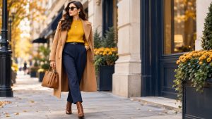 Mustard yellow outfit with navy and neutral colors