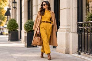 Mustard yellow outfit with gold jewelry brown shoes and leather bag