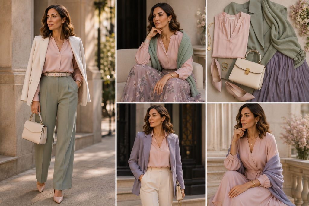 Blush pink outfit with sage green cream dusty purple and gold