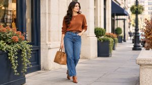 Rust and terracotta outfit with cream denim and navy accents
