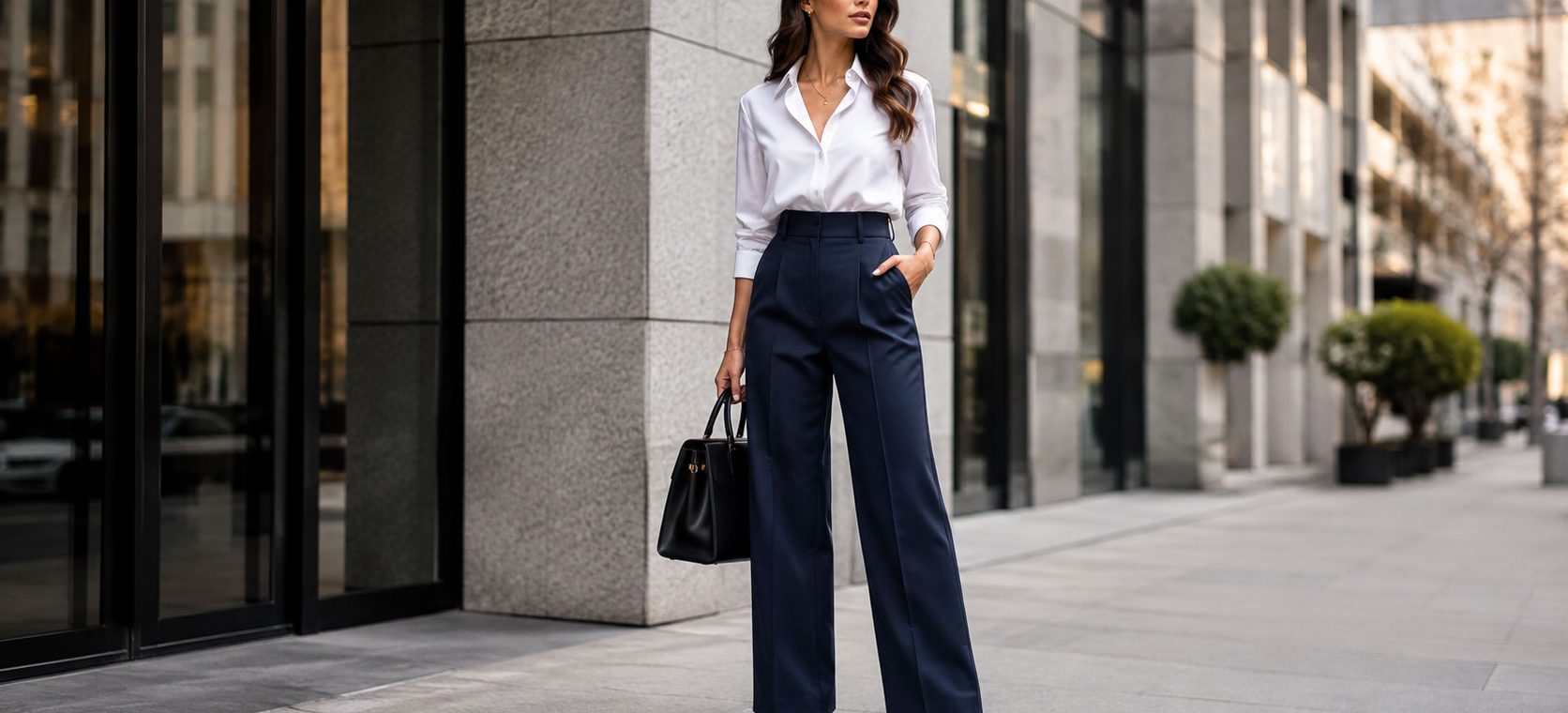 Woman wearing navy pants with white blouse and black heels