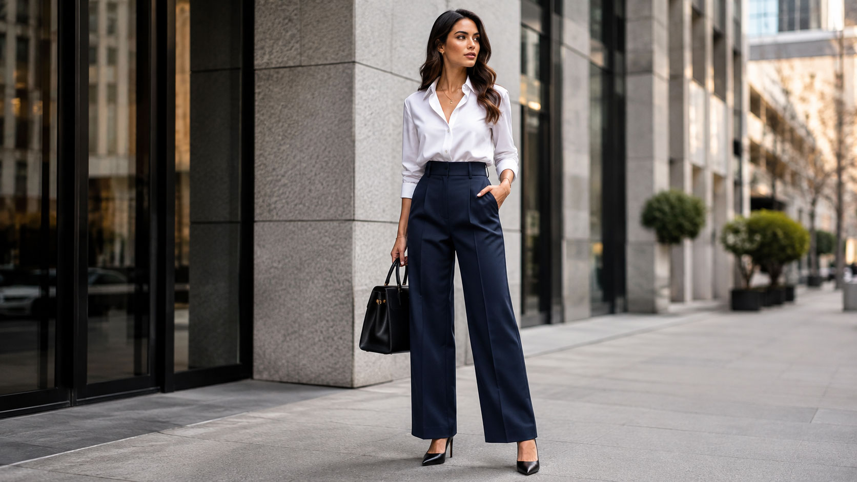 Woman wearing navy pants with white blouse and black heels